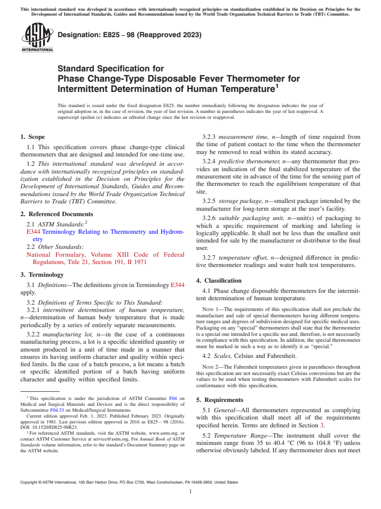 ASTM E825-98(2023) - Standard Specification for Phase Change-Type Disposable Fever Thermometer for Intermittent  Determination of Human Temperature