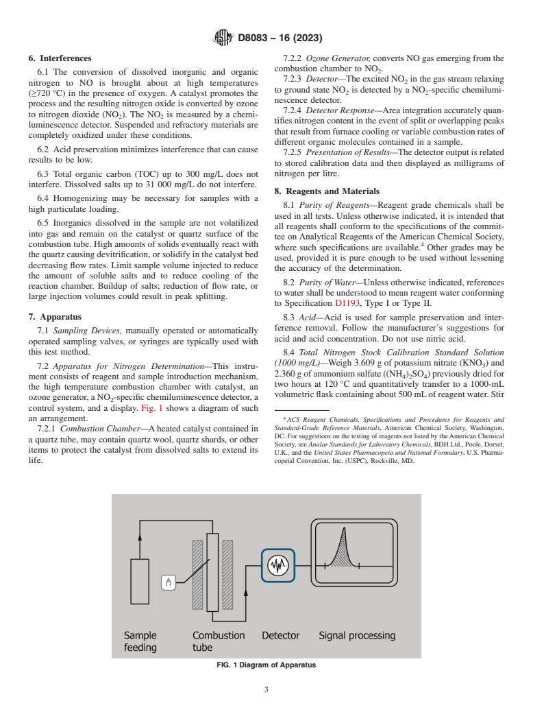 ASTM D8083-16(2023) - Standard Test Method for Total Nitrogen, and Total Kjeldahl Nitrogen (TKN) by Calculation,  in Water by High Temperature Catalytic Combustion and Chemiluminescence  Detection