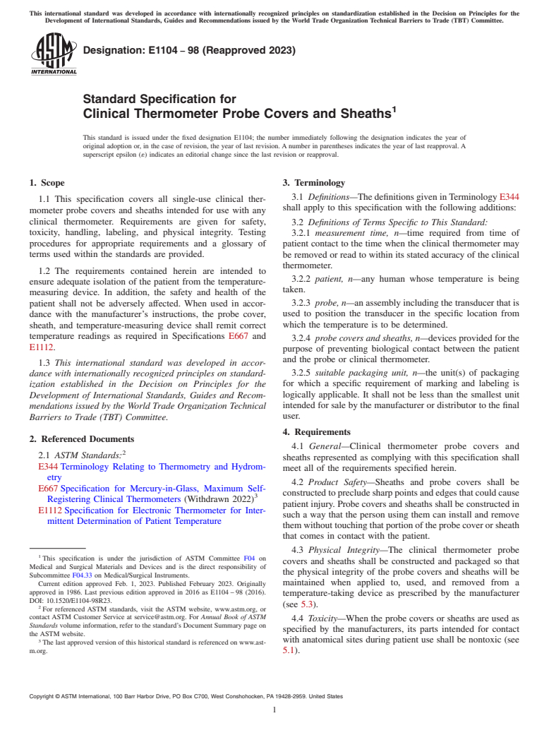 ASTM E1104-98(2023) - Standard Specification for Clinical Thermometer Probe Covers and Sheaths