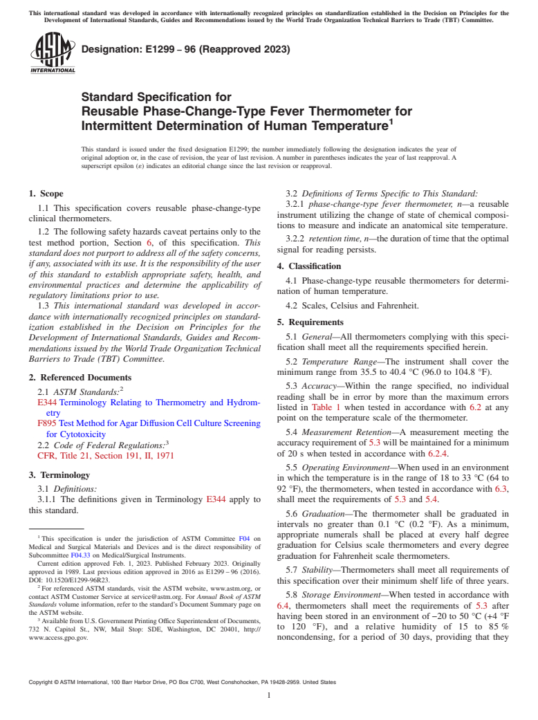 ASTM E1299-96(2023) - Standard Specification for Reusable Phase-Change-Type Fever Thermometer for Intermittent  Determination of Human Temperature