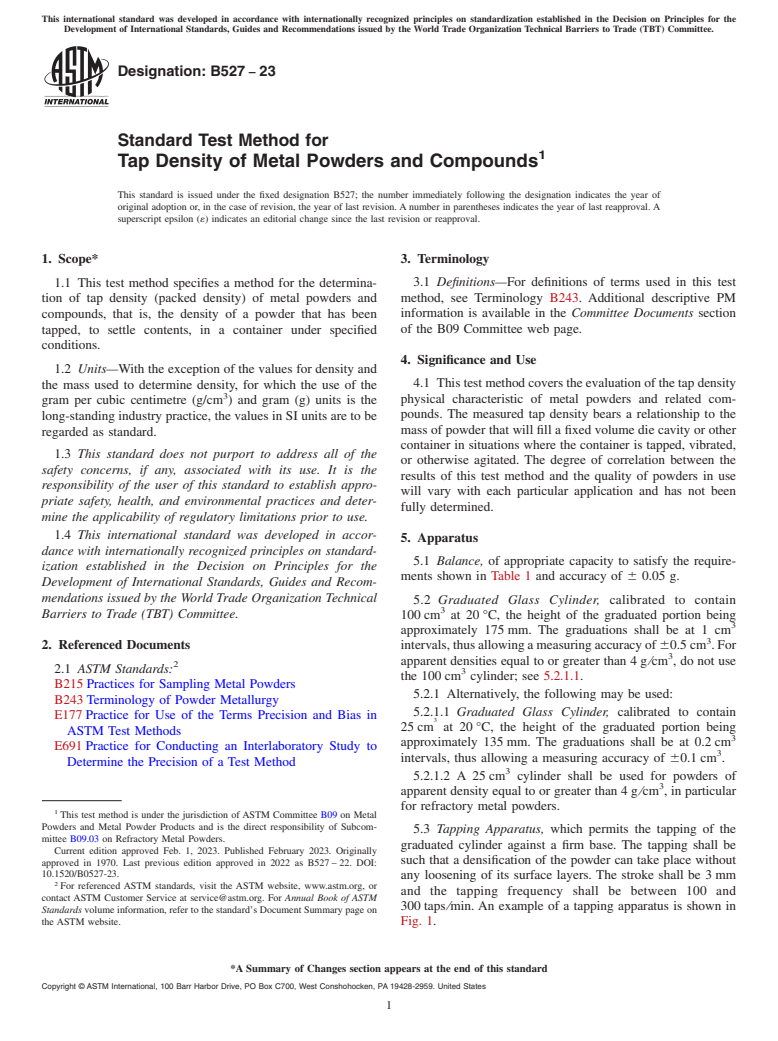 ASTM B527-23 - Standard Test Method for  Tap Density of Metal Powders and Compounds