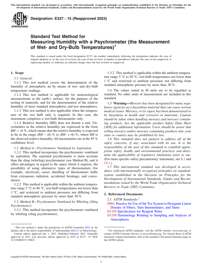 ASTM E337-15(2023) - Standard Test Method for  Measuring Humidity with a Psychrometer (the Measurement of  Wet- and Dry-Bulb Temperatures)