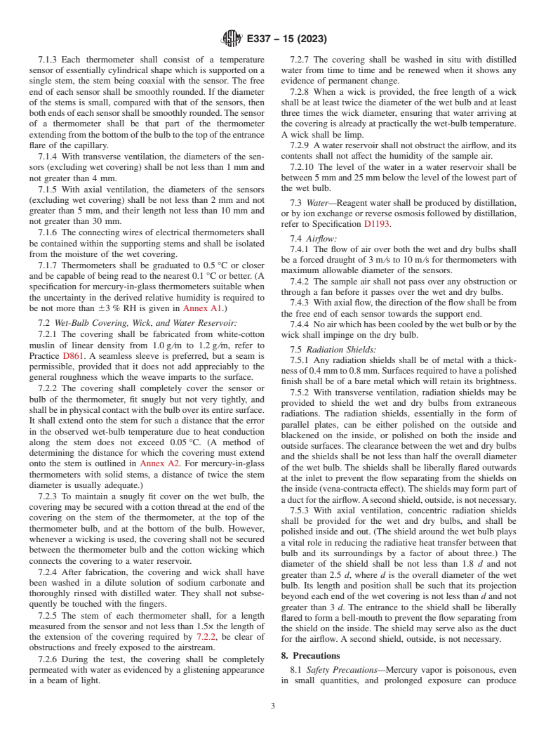 ASTM E337-15(2023) - Standard Test Method for  Measuring Humidity with a Psychrometer (the Measurement of  Wet- and Dry-Bulb Temperatures)