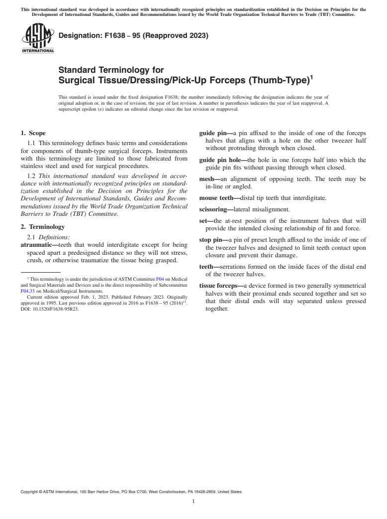 ASTM F1638-95(2023) - Standard Terminology for Surgical Tissue/Dressing/Pick-Up Forceps (Thumb-Type)