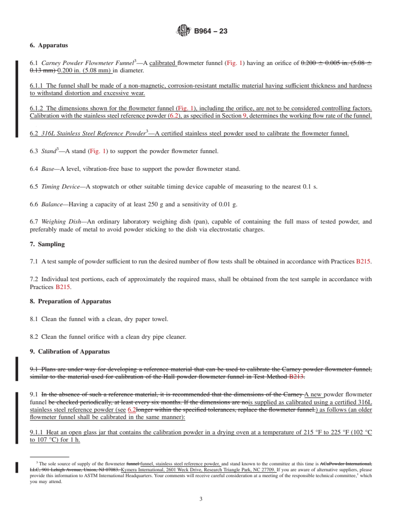 REDLINE ASTM B964-23 - Standard Test Methods for  Flow Rate of Metal Powders Using the Carney Funnel