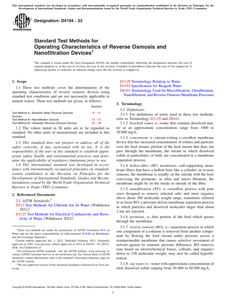 ASTM D4194-23 - Standard Test Methods for  Operating Characteristics of Reverse Osmosis and Nanofiltration   Devices