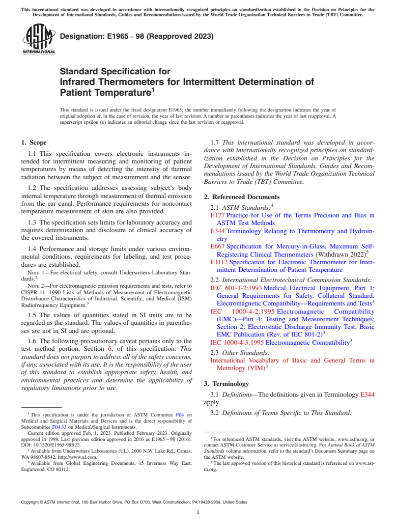 ASTM E1965-98(2023) - Standard Specification for Infrared Thermometers for Intermittent Determination of Patient  Temperature