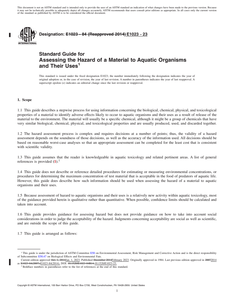 REDLINE ASTM E1023-23 - Standard Guide for  Assessing the Hazard of a Material to Aquatic Organisms and  Their Uses