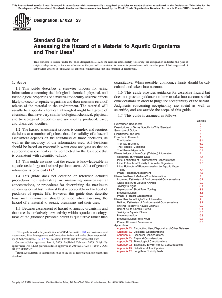 ASTM E1023-23 - Standard Guide for  Assessing the Hazard of a Material to Aquatic Organisms and  Their Uses