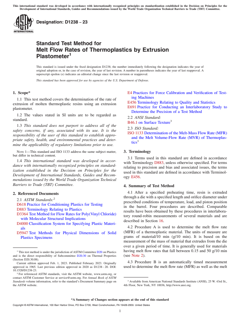 ASTM D1238-23 - Standard Test Method for  Melt Flow Rates of Thermoplastics by Extrusion Plastometer
