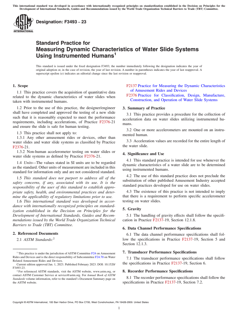 ASTM F3493-23 - Standard Practice for Measuring Dynamic Characteristics of Water Slide Systems Using  Instrumented Humans