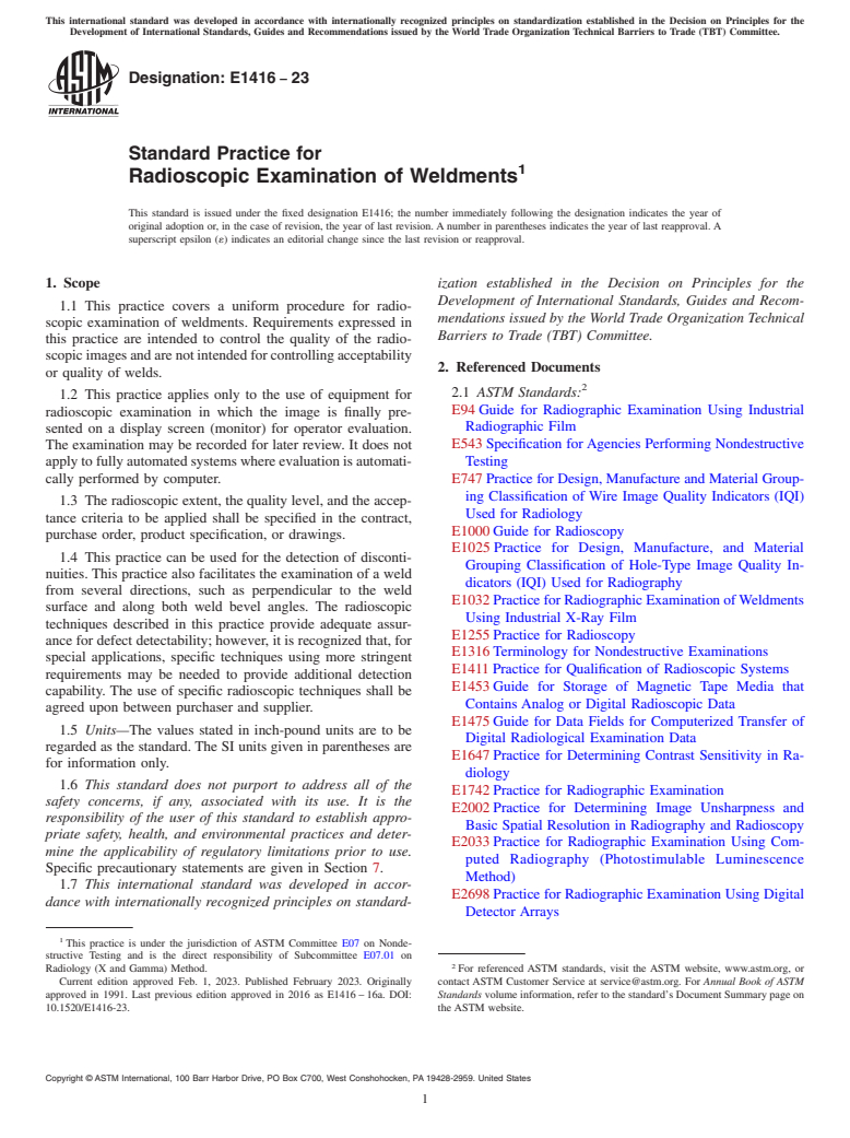 ASTM E1416-23 - Standard Practice for  Radioscopic Examination of Weldments