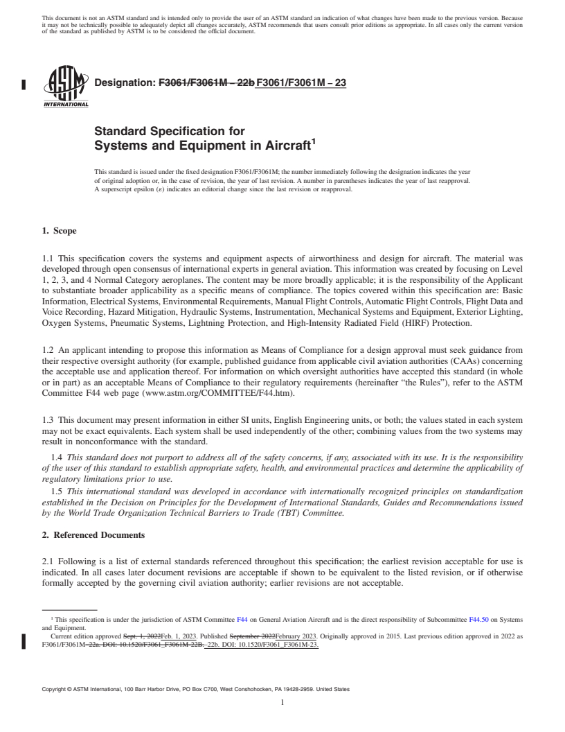 REDLINE ASTM F3061/F3061M-23 - Standard Specification for Systems and Equipment in Aircraft