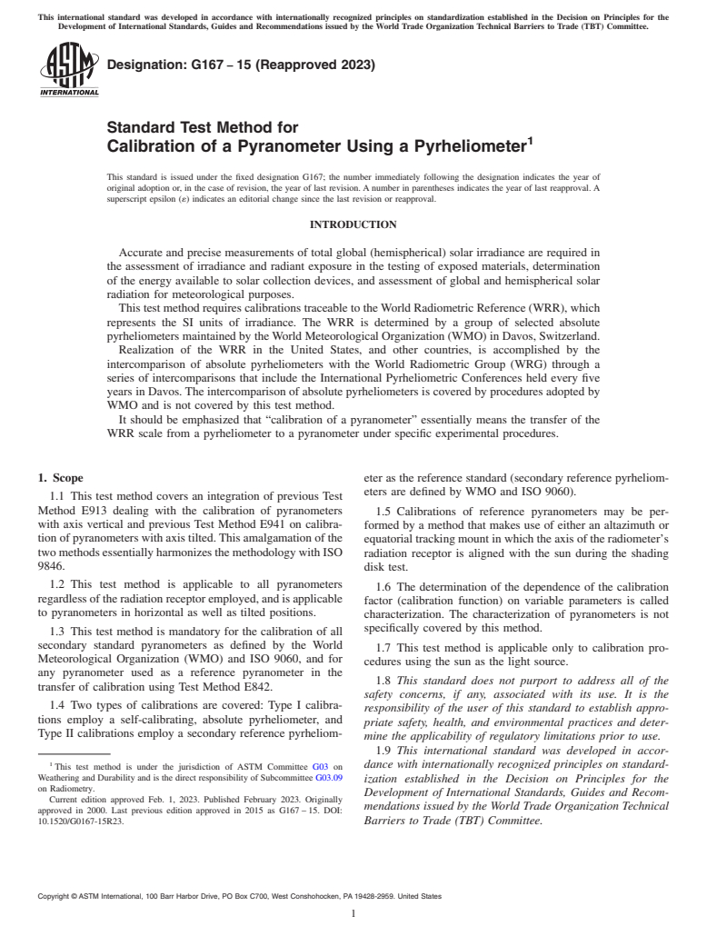 ASTM G167-15(2023) - Standard Test Method for  Calibration of a Pyranometer Using a Pyrheliometer