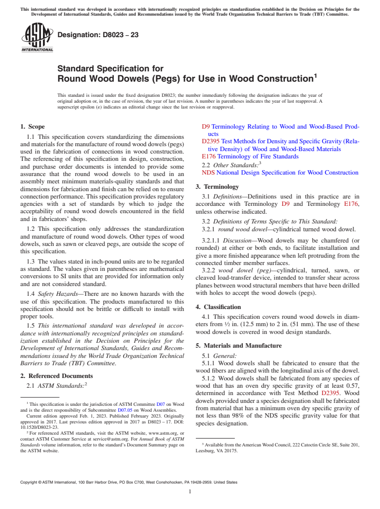 ASTM D8023-23 - Standard Specification for Round Wood Dowels (Pegs) for Use in Wood Construction
