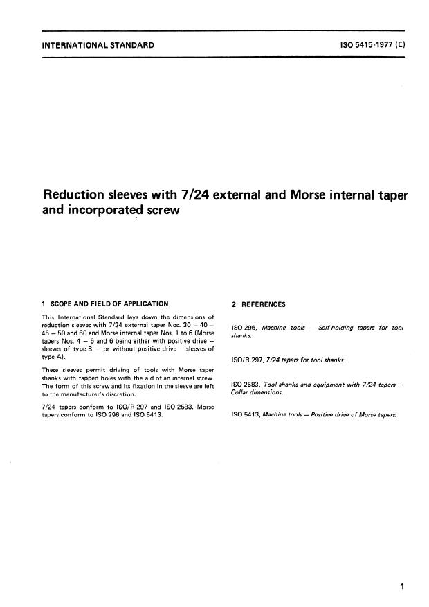 ISO 5415:1977 - Reduction sleeves with 7/24 external and Morse internal taper and incorporated screw