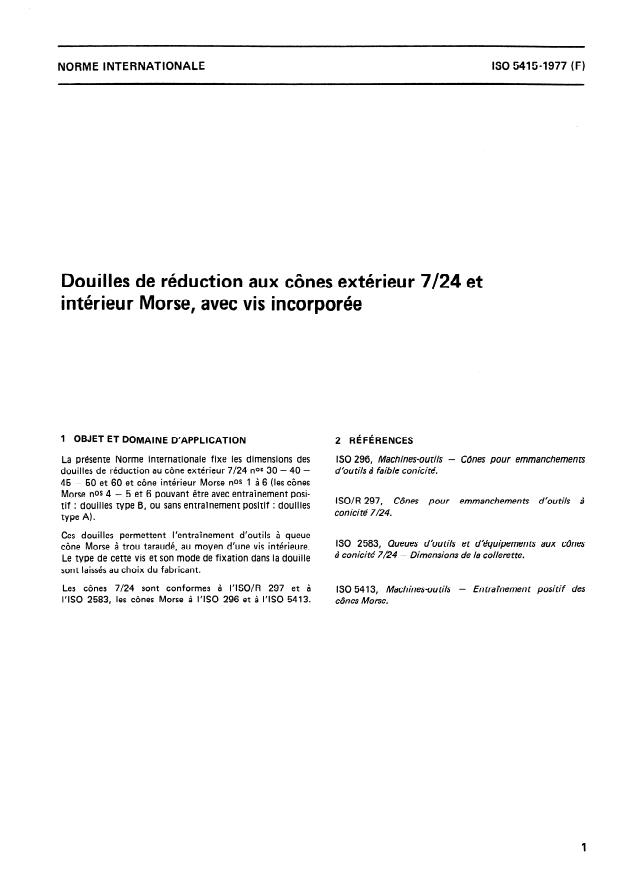 ISO 5415:1977 - Douilles de réduction aux cônes extérieur 7/24 et intérieur Morse, avec vis incorporée