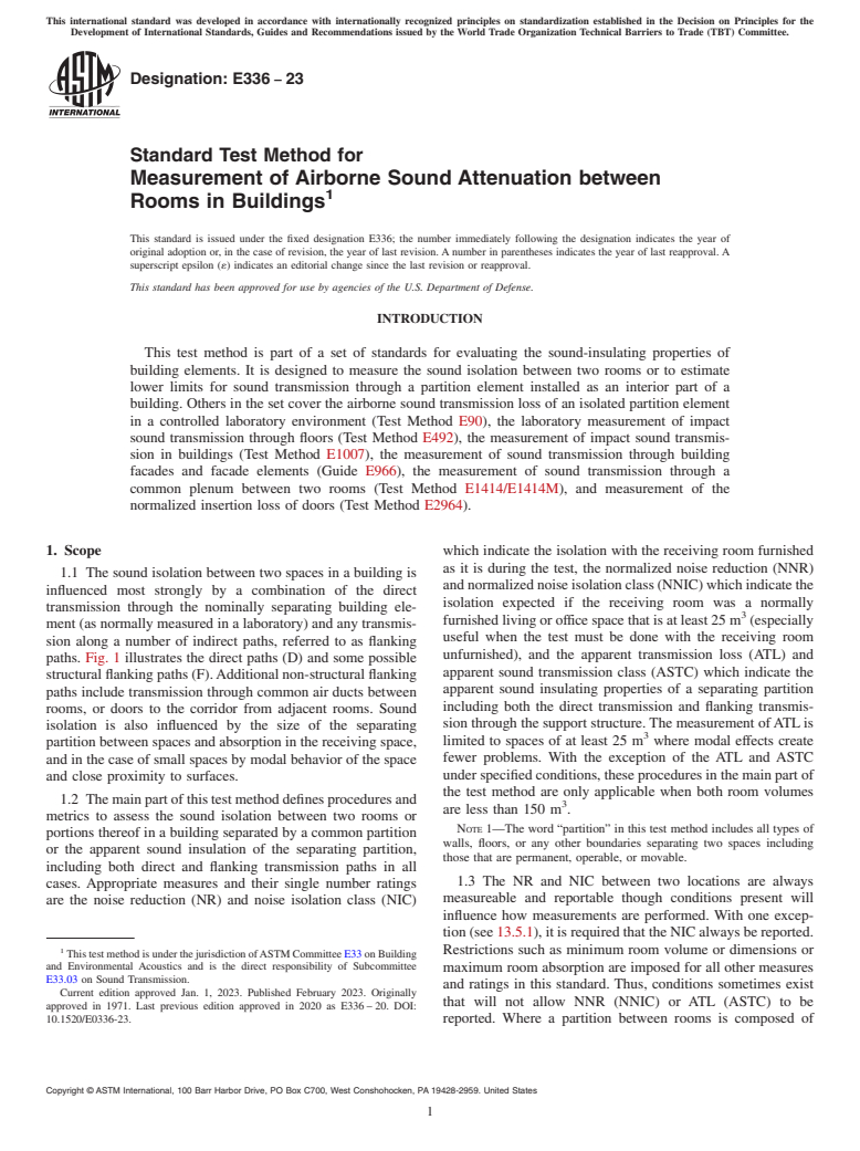 ASTM E336-23 - Standard Test Method for Measurement of Airborne Sound Attenuation between Rooms in  Buildings