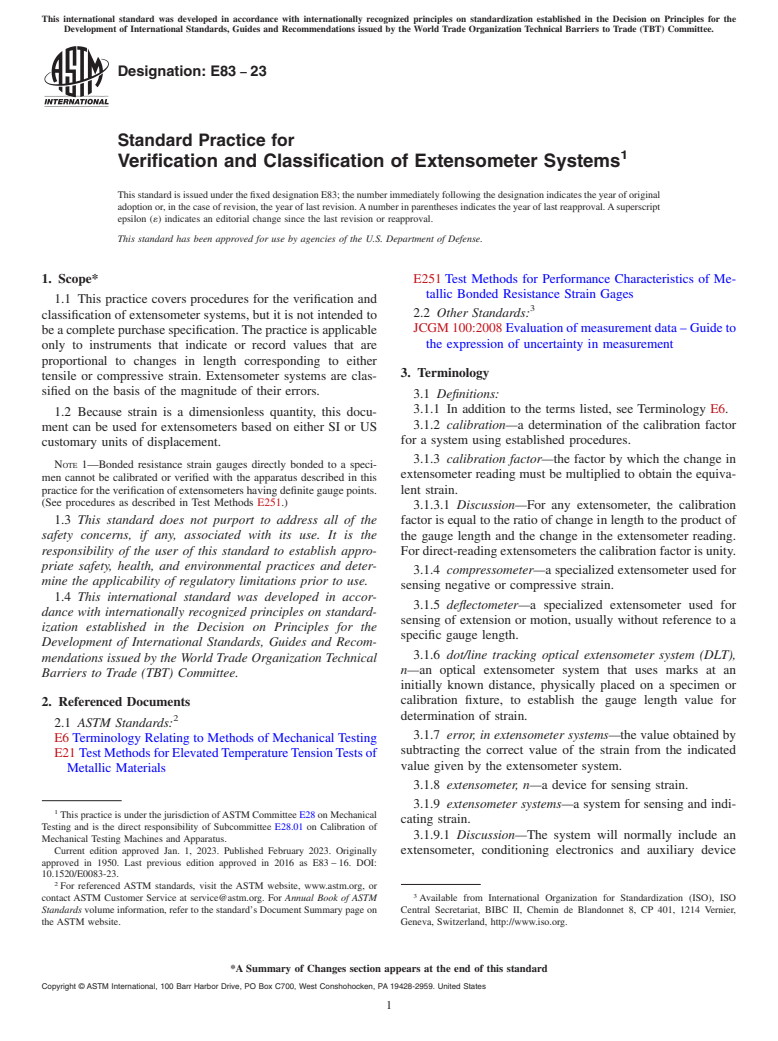 ASTM E83-23 - Standard Practice for  Verification and Classification of Extensometer Systems