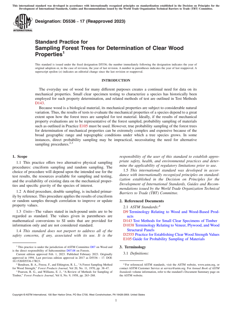 ASTM D5536-17(2023) - Standard Practice for Sampling Forest Trees for Determination of Clear Wood Properties