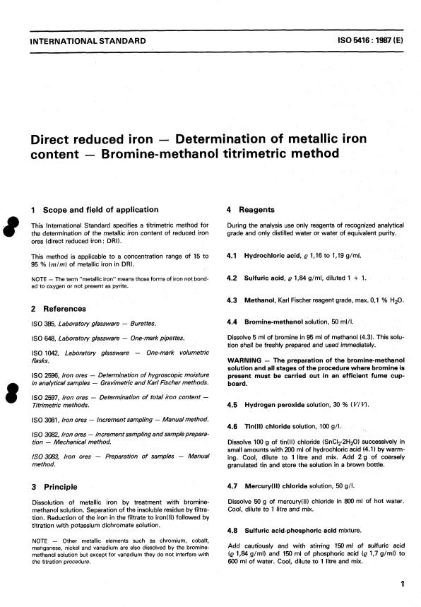 ISO 5416:1987 - Direct reduced iron -- Determination of metallic iron content -- Bromine-methanol titrimetric method