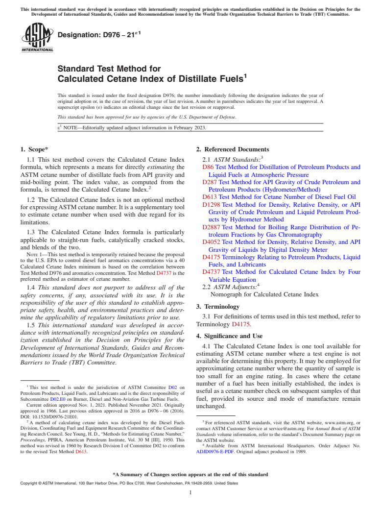 ASTM D976-21e1 - Standard Test Method for  Calculated Cetane Index of Distillate Fuels