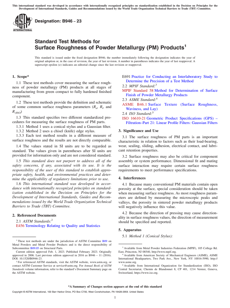 ASTM B946-23 - Standard Test Methods for Surface Roughness of Powder Metallurgy (PM) Products