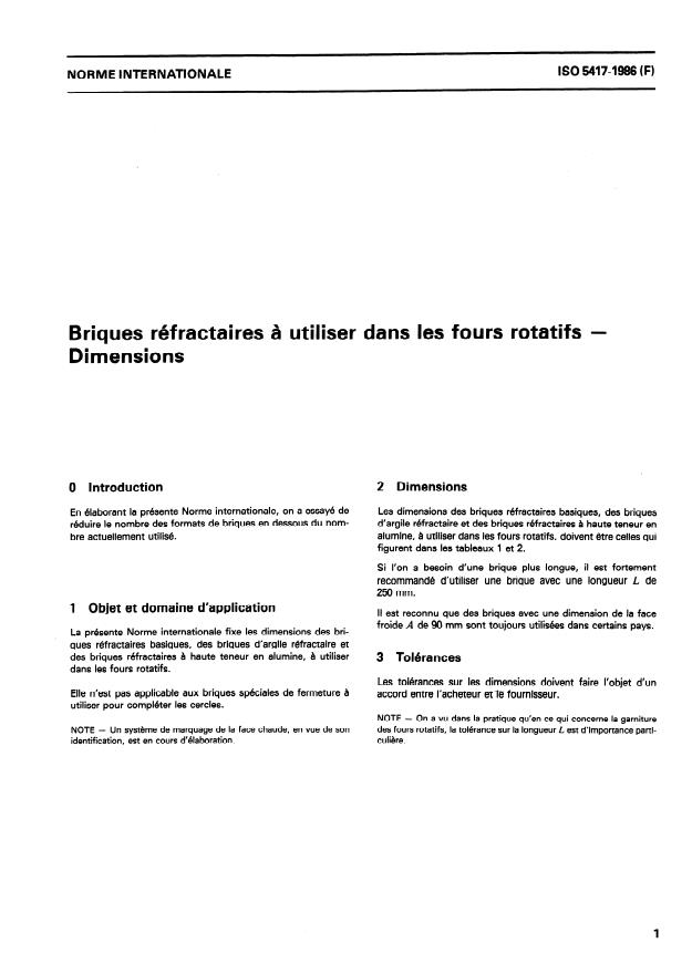 ISO 5417:1986 - Briques réfractaires a utiliser dans les fours rotatifs -- Dimensions