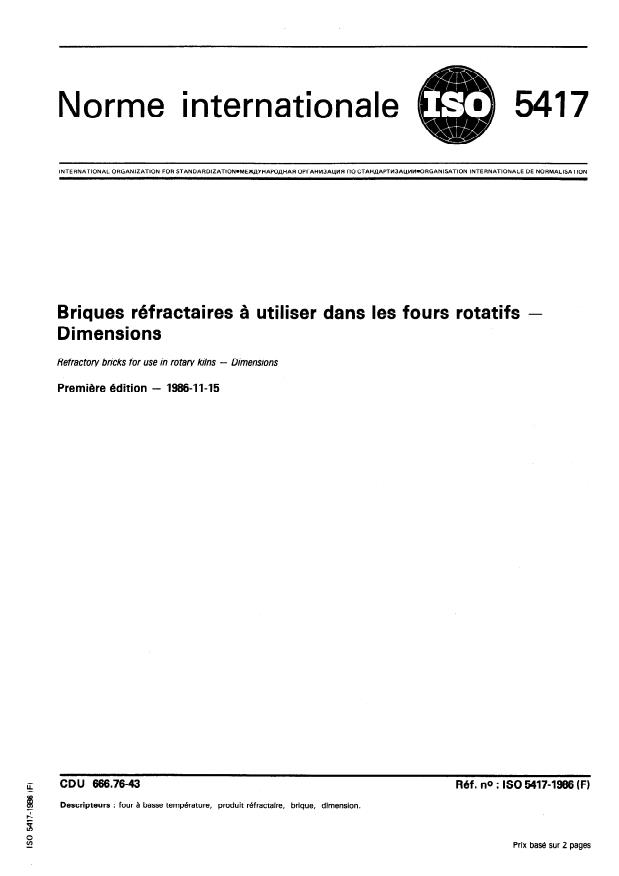 ISO 5417:1986 - Briques réfractaires a utiliser dans les fours rotatifs -- Dimensions