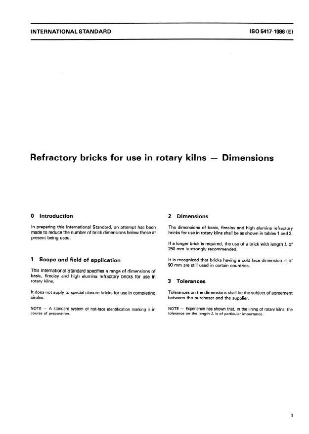 ISO 5417:1986 - Refractory bricks for use in rotary kilns -- Dimensions