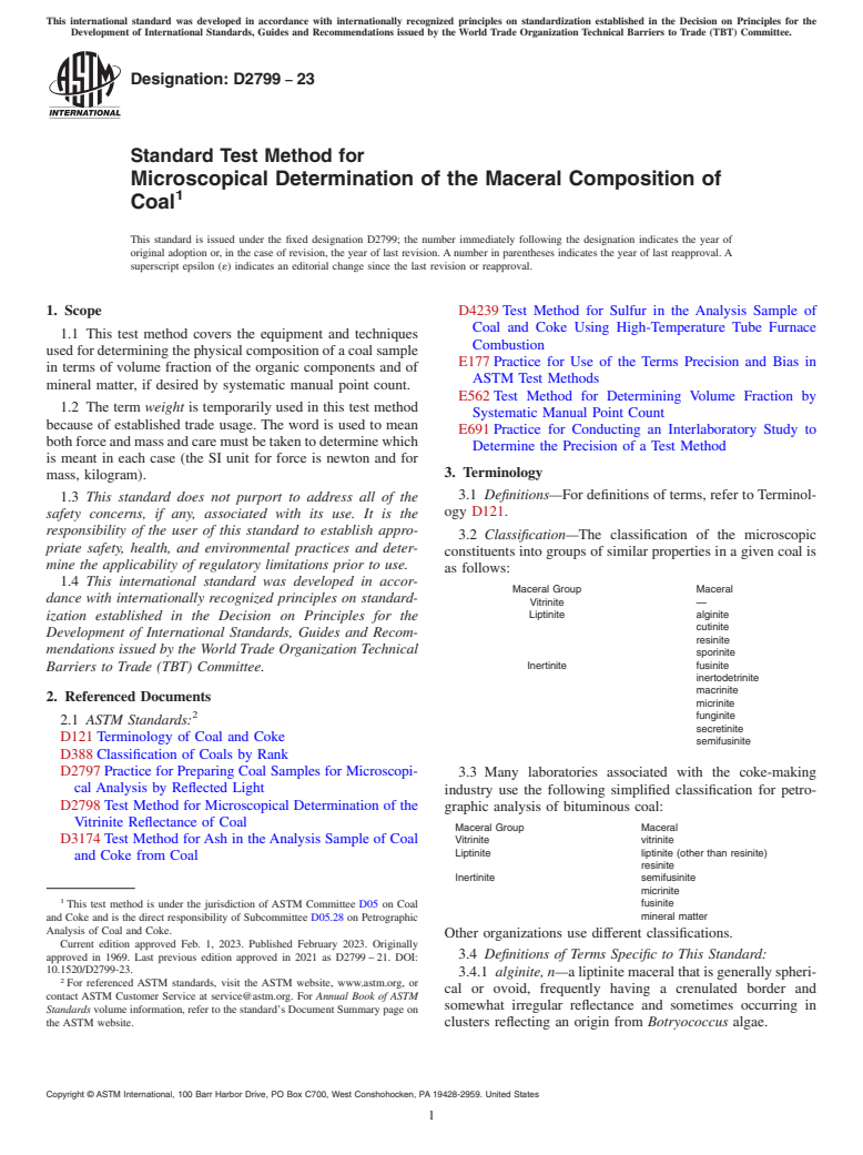 ASTM D2799-23 - Standard Test Method for  Microscopical Determination of the Maceral Composition of Coal