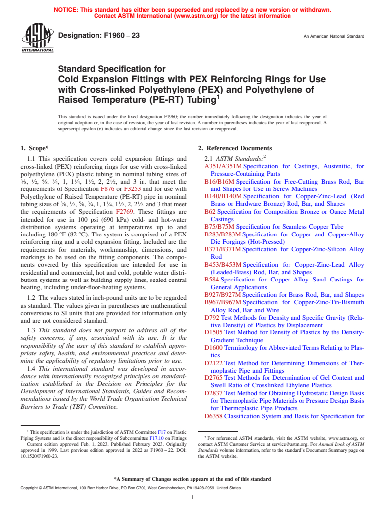 ASTM F1960-23 - Standard Specification for  Cold Expansion Fittings with PEX Reinforcing Rings for Use   with Cross-linked Polyethylene (PEX) and Polyethylene of Raised Temperature  (PE-RT) Tubing