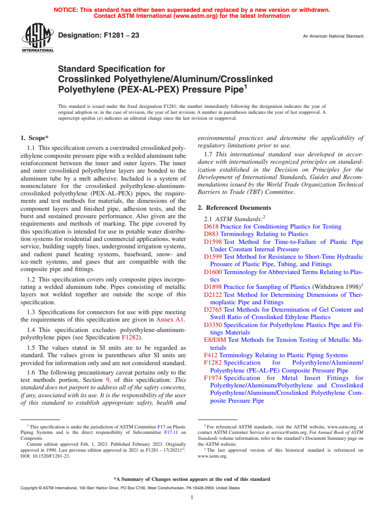 ASTM F1281-23 - Standard Specification for  Crosslinked Polyethylene/Aluminum/Crosslinked Polyethylene  (PEX-AL-PEX) Pressure Pipe