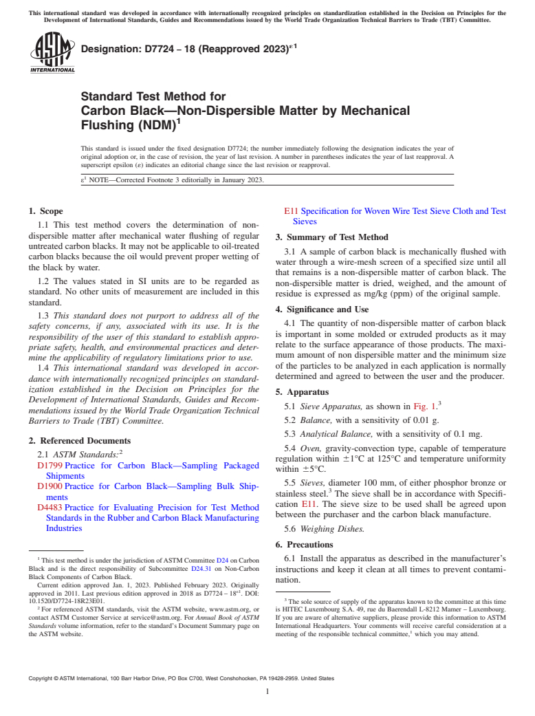 ASTM D7724-18(2023)e1 - Standard Test Method for Carbon Black—Non-Dispersible Matter by Mechanical Flushing  (NDM)