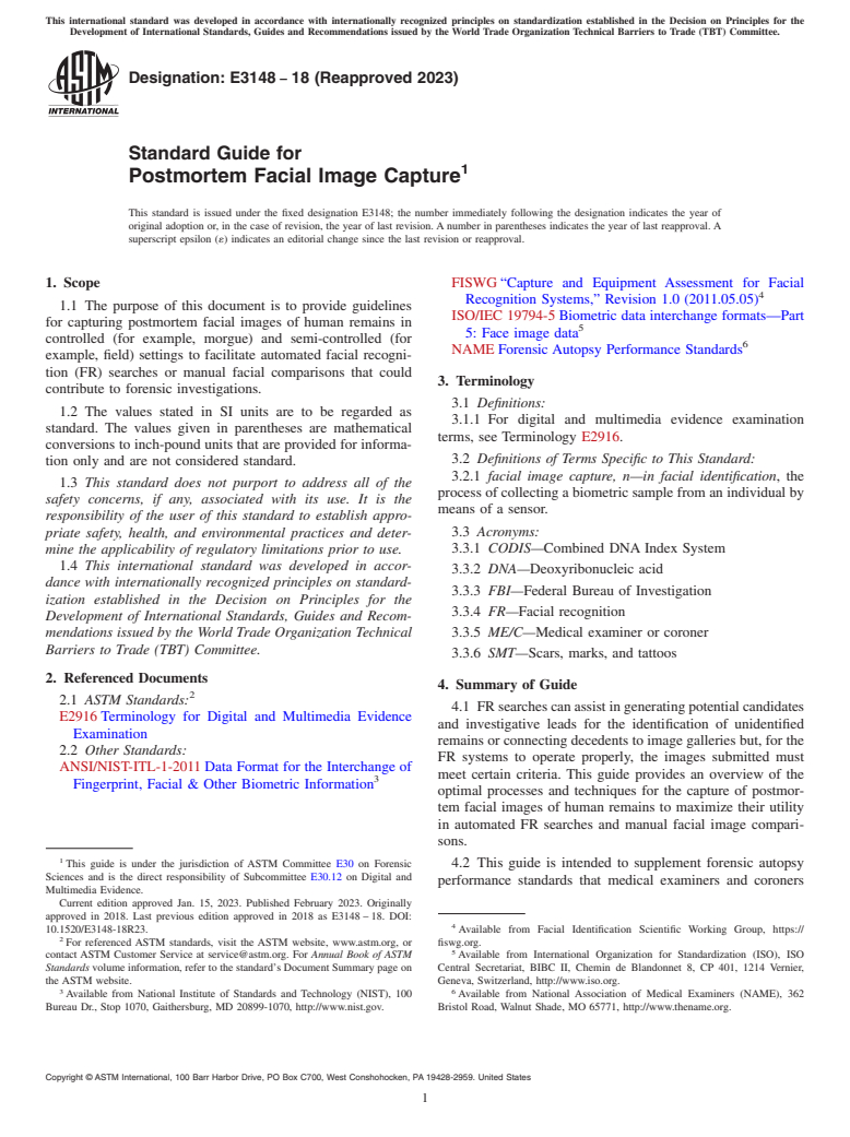 ASTM E3148-18(2023) - Standard Guide for Postmortem Facial Image Capture