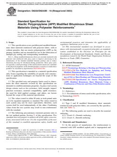 ASTM D6222/D6222M-16(2023) ASTM D6222/D6222M-16(2023) - Standard Specification for Atactic Polypropylene (APP) Modified Bituminous Sheet Materials Using Polyester Reinforcements - Page 1 preview