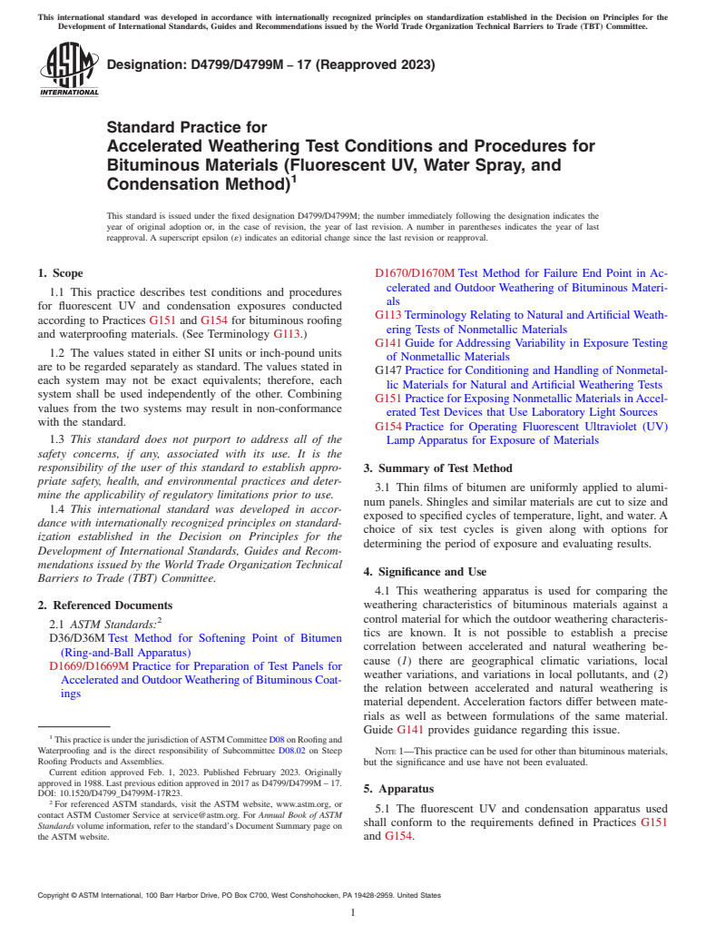 ASTM D4799/D4799M-17(2023) - Standard Practice for  Accelerated Weathering Test Conditions and Procedures for Bituminous  Materials (Fluorescent UV, Water Spray, and Condensation Method)