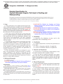 ASTM D226/D226M-17(2023) ASTM D226/D226M-17(2023) - Standard Specification for Asphalt-Saturated Organic Felt Used in Roofing and Waterproofing - Page 1 preview