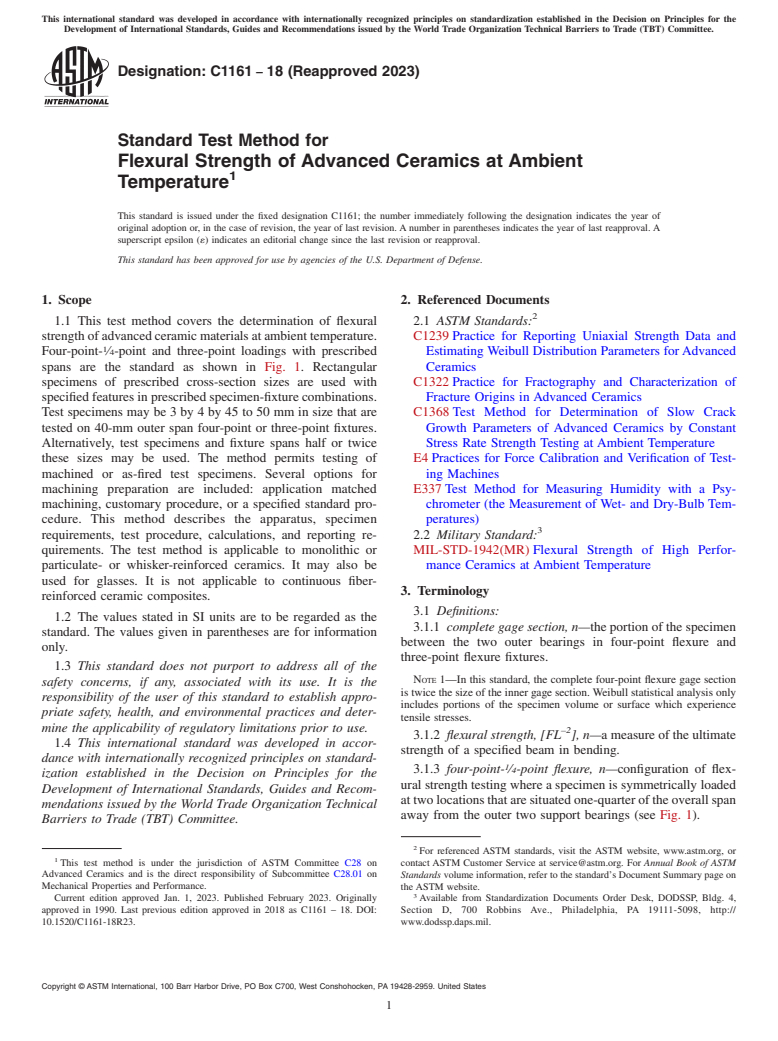 ASTM C1161-18(2023) - Standard Test Method for Flexural Strength of Advanced Ceramics at Ambient Temperature