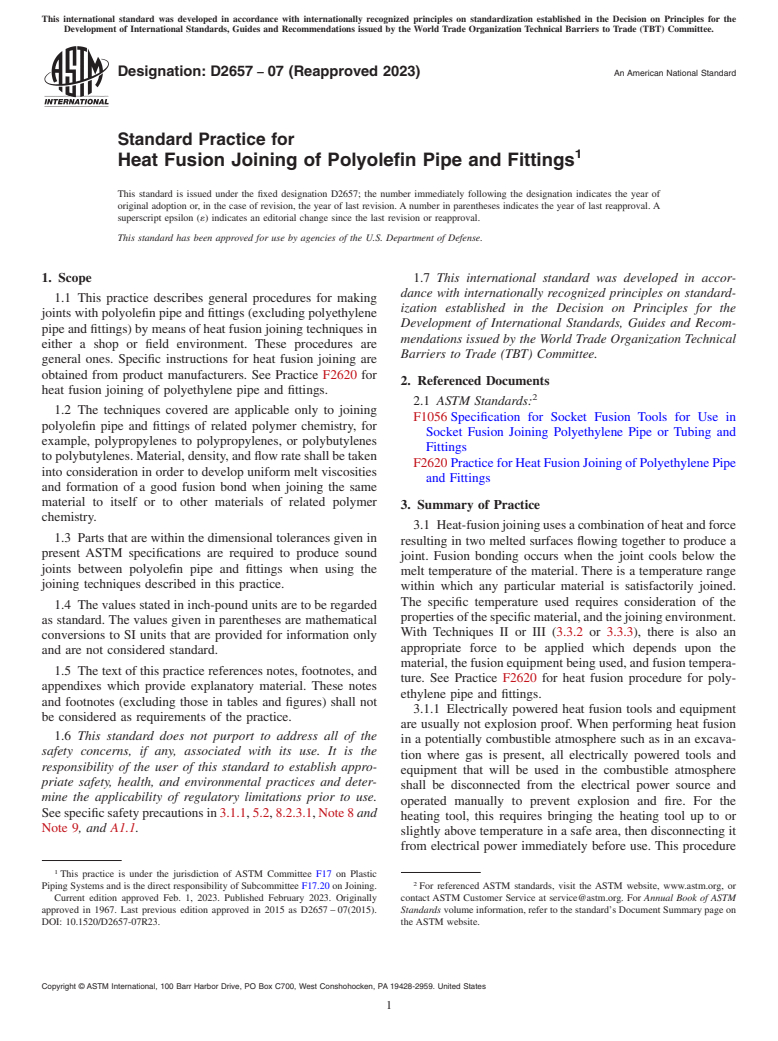 ASTM D2657-07(2023) - Standard Practice for  Heat Fusion Joining of Polyolefin Pipe and Fittings