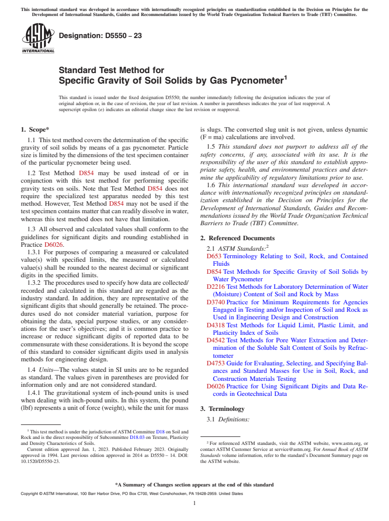 ASTM D5550-23 - Standard Test Method for  Specific Gravity of Soil Solids by Gas Pycnometer