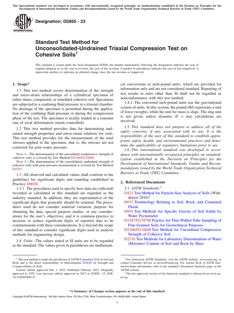 ASTM D2850-23 - Standard Test Method for Unconsolidated-Undrained Triaxial Compression Test on Cohesive  Soils