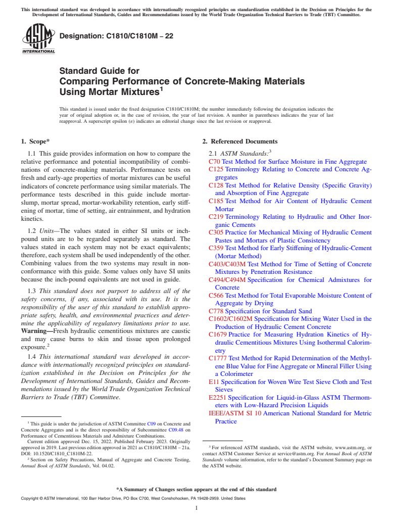 ASTM C1810/C1810M-22 - Standard Guide for Comparing Performance of Concrete-Making Materials Using Mortar  Mixtures