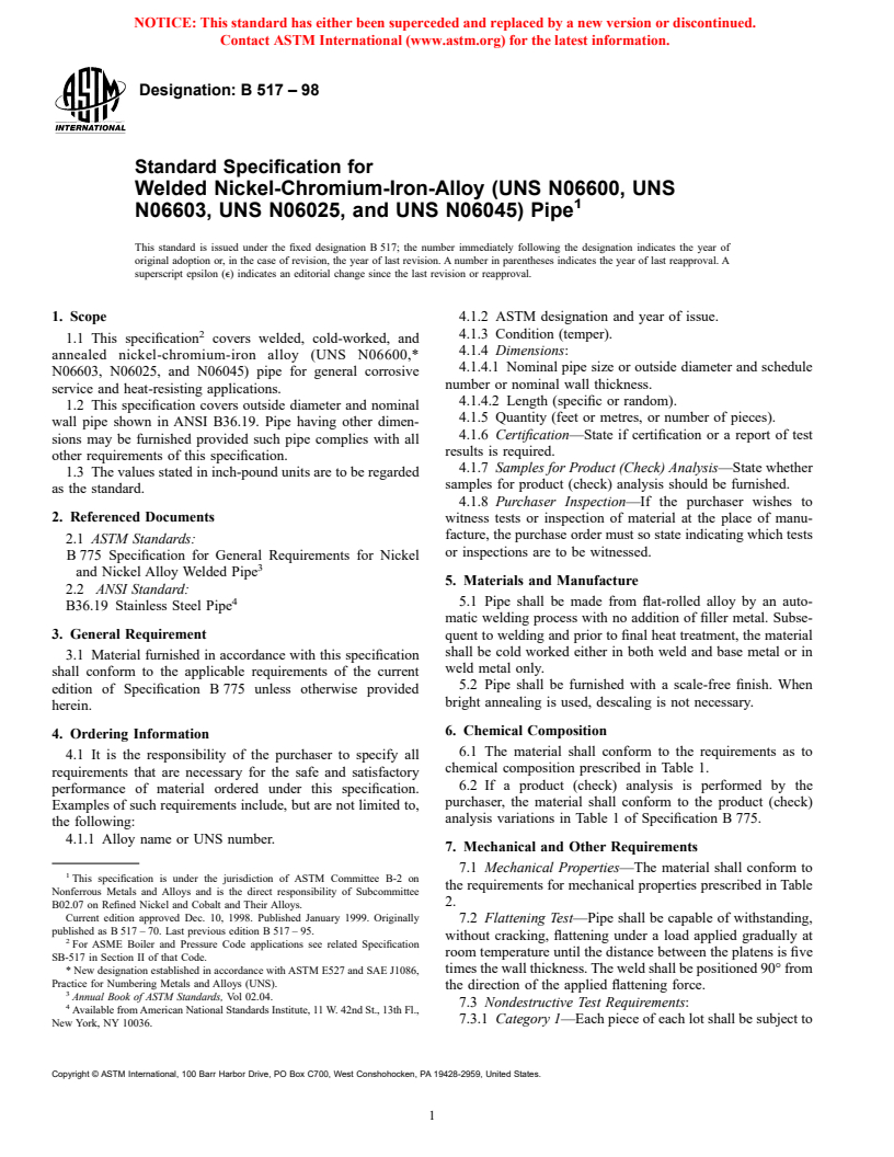 ASTM B517-98 - Standard Specification for Welded Nickel-Chromium-Iron-Alloy (UNS N06600, UNS N06603, UNS N06025, and UNS N06045) Pipe