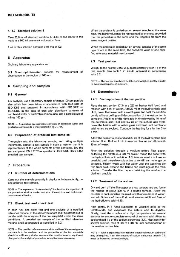 ISO 5418:1984 ISO 5418:1984 - Iron ores -- Determination of copper content -- 2,2'-Biquinolyl spectrophotometric method - Page 4 preview