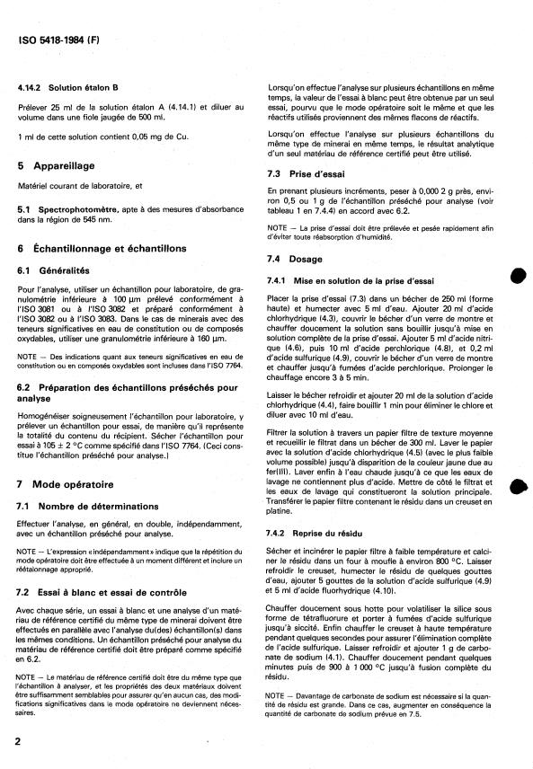 ISO 5418:1984 ISO 5418:1984 - Minerais de fer -- Dosage du cuivre -- Méthode spectrophotométrique a la biquinoléine-2,2' - Page 4 preview