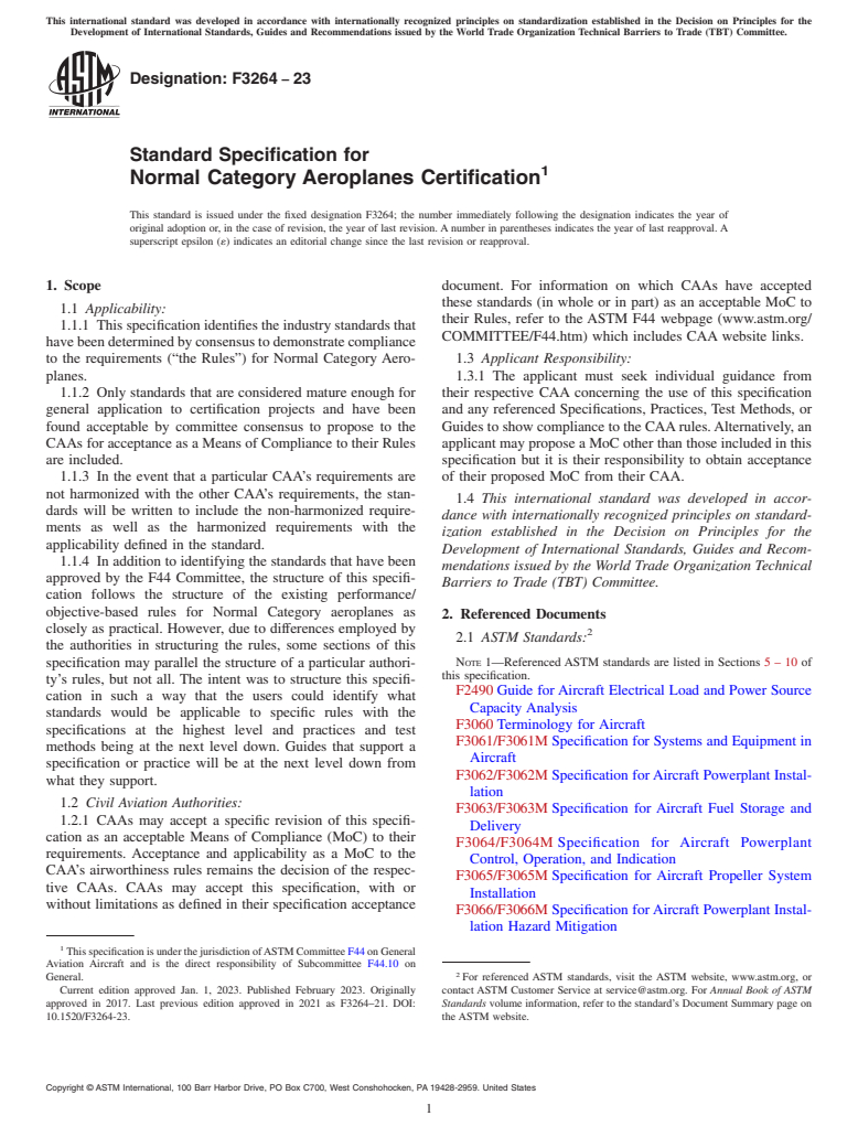 ASTM F3264-23 - Standard Specification for Normal Category Aeroplanes Certification