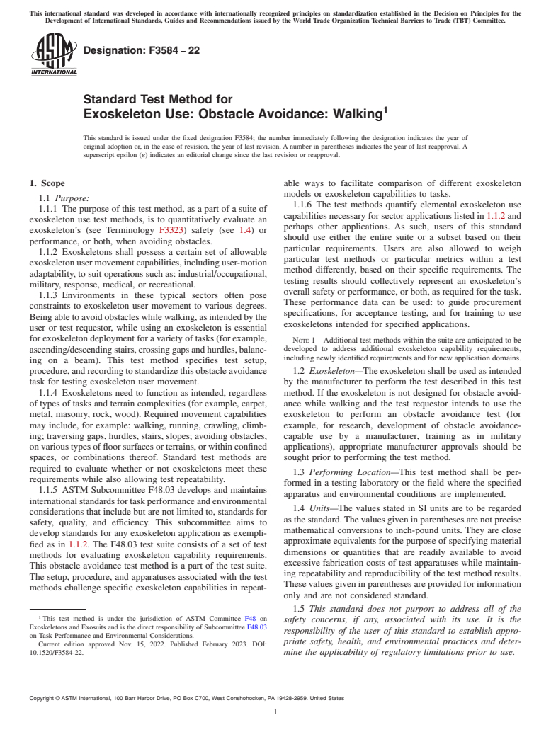 ASTM F3584-22 - Standard Test Method for Exoskeleton Use:  Obstacle Avoidance: Walking