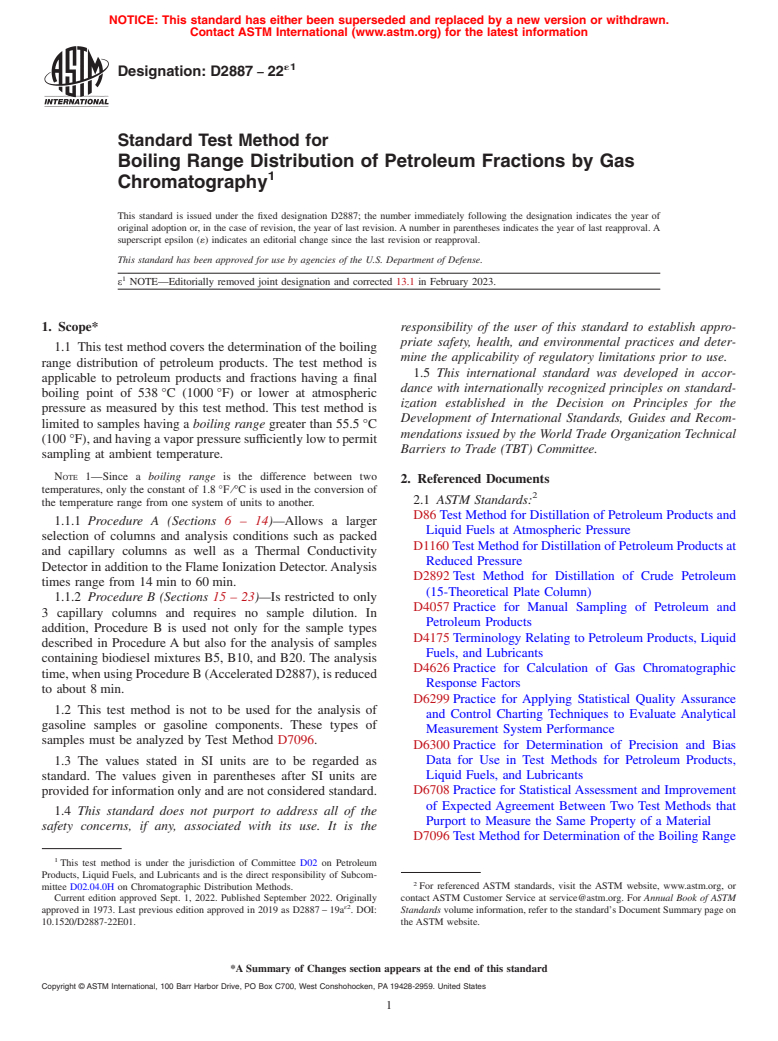 ASTM D2887-22e1 - Standard Test Method for Boiling Range Distribution of Petroleum Fractions by Gas Chromatography