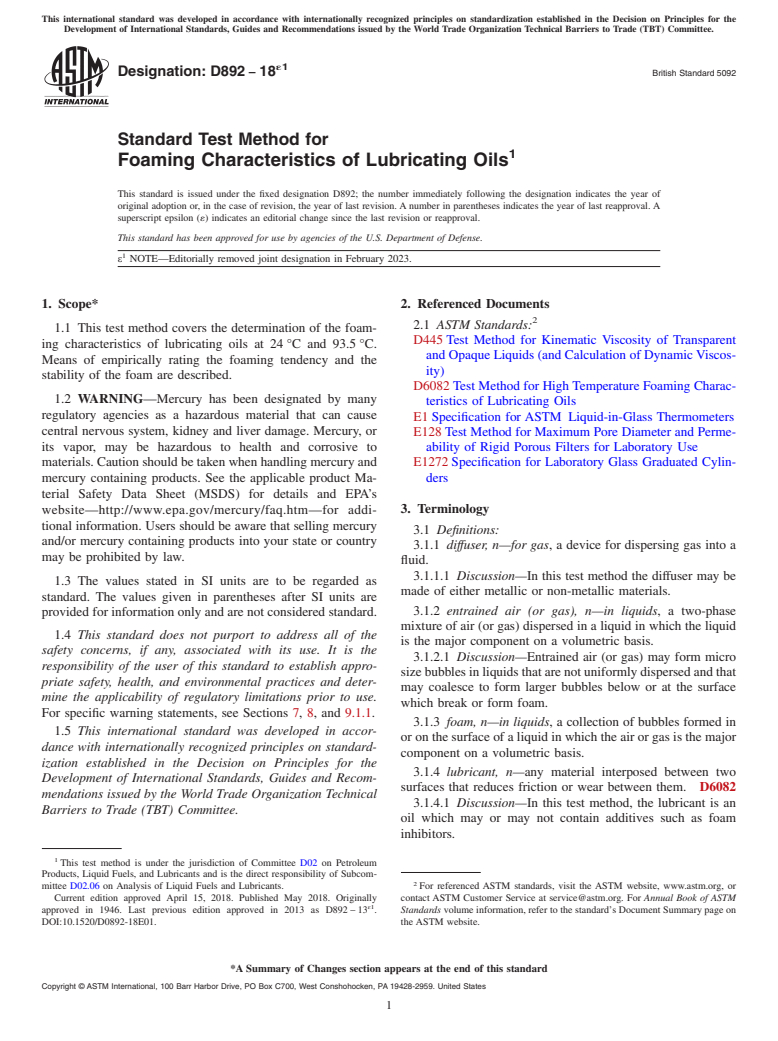 ASTM D892-18e1 - Standard Test Method for  Foaming Characteristics of Lubricating Oils